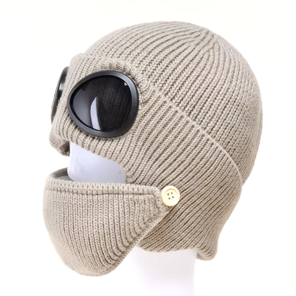 Unisex Knitted Woolen Aviator Hat with Glasses, Ear Protection, and Detachable Mask – Ideal for Autumn & Winter