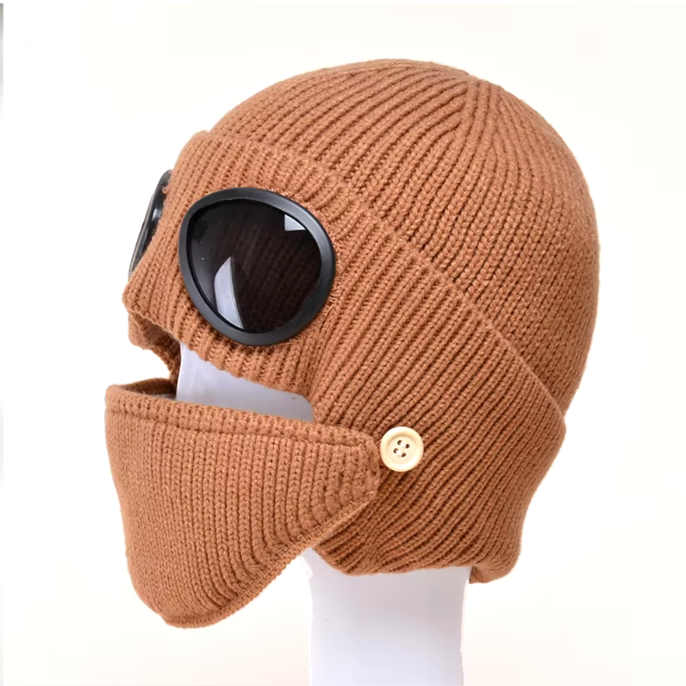 Unisex Knitted Woolen Aviator Hat with Glasses, Ear Protection, and Detachable Mask – Ideal for Autumn & Winter