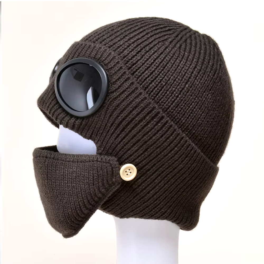 Unisex Knitted Woolen Aviator Hat with Glasses, Ear Protection, and Detachable Mask – Ideal for Autumn & Winter