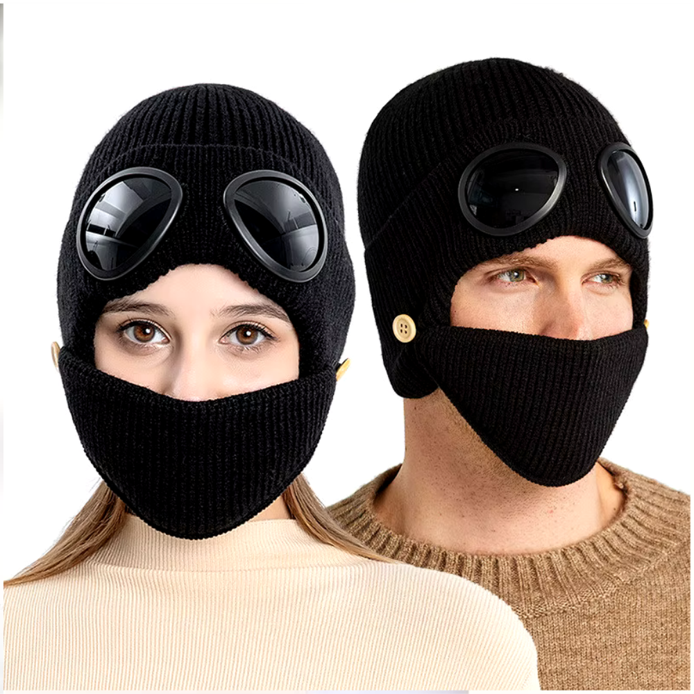 Unisex Knitted Woolen Aviator Hat with Glasses, Ear Protection, and Detachable Mask – Ideal for Autumn & Winter