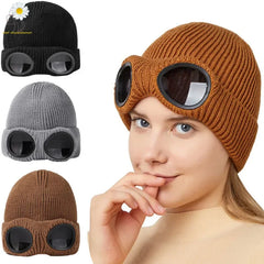 Unisex Knitted Woolen Aviator Hat with Glasses, Ear Protection, and Detachable Mask – Ideal for Autumn & Winter