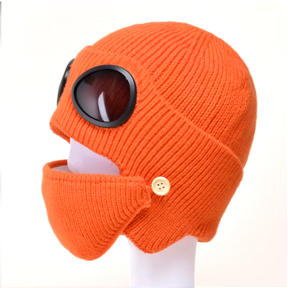 Unisex Knitted Woolen Aviator Hat with Glasses, Ear Protection, and Detachable Mask – Ideal for Autumn & Winter