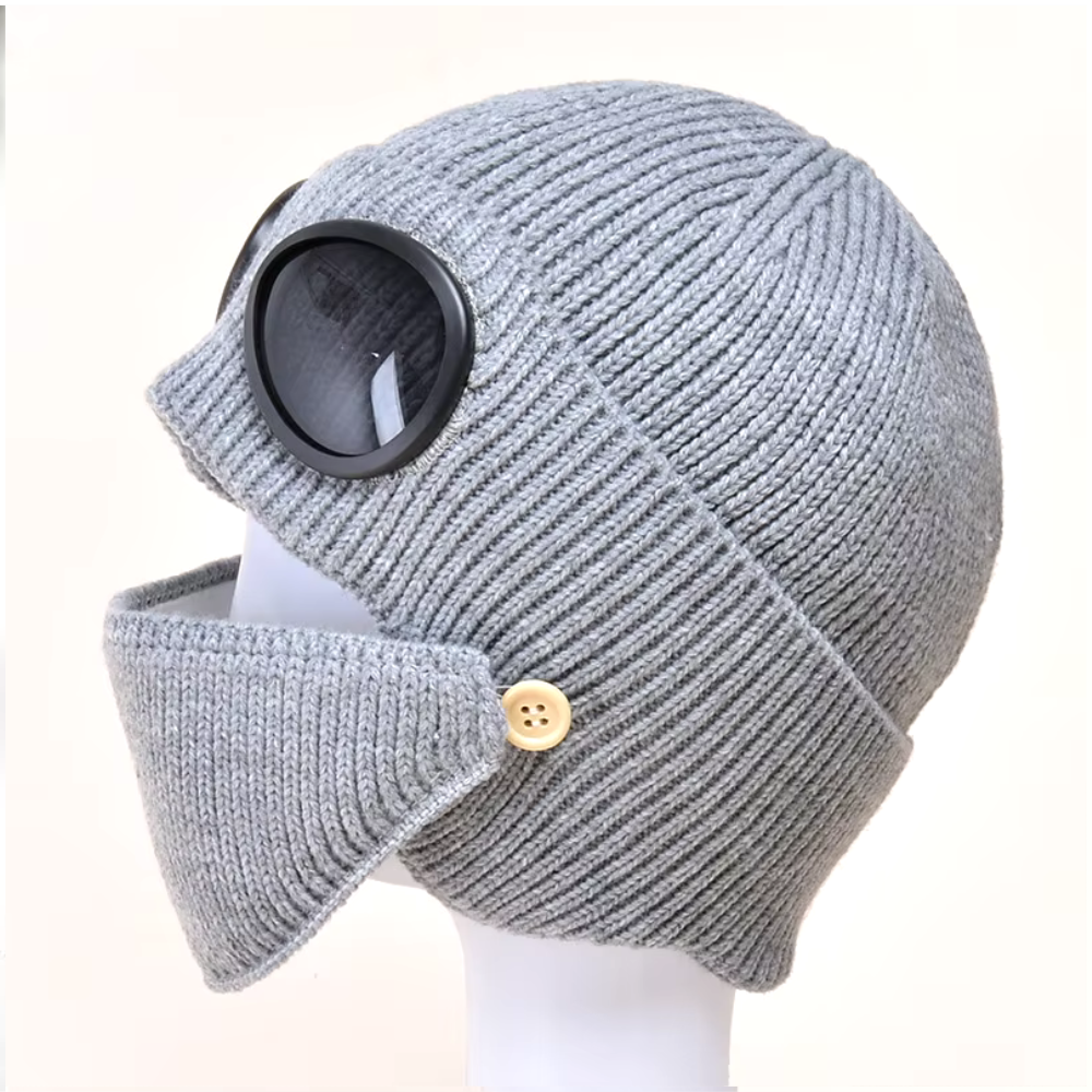 Unisex Knitted Woolen Aviator Hat with Glasses, Ear Protection, and Detachable Mask – Ideal for Autumn & Winter