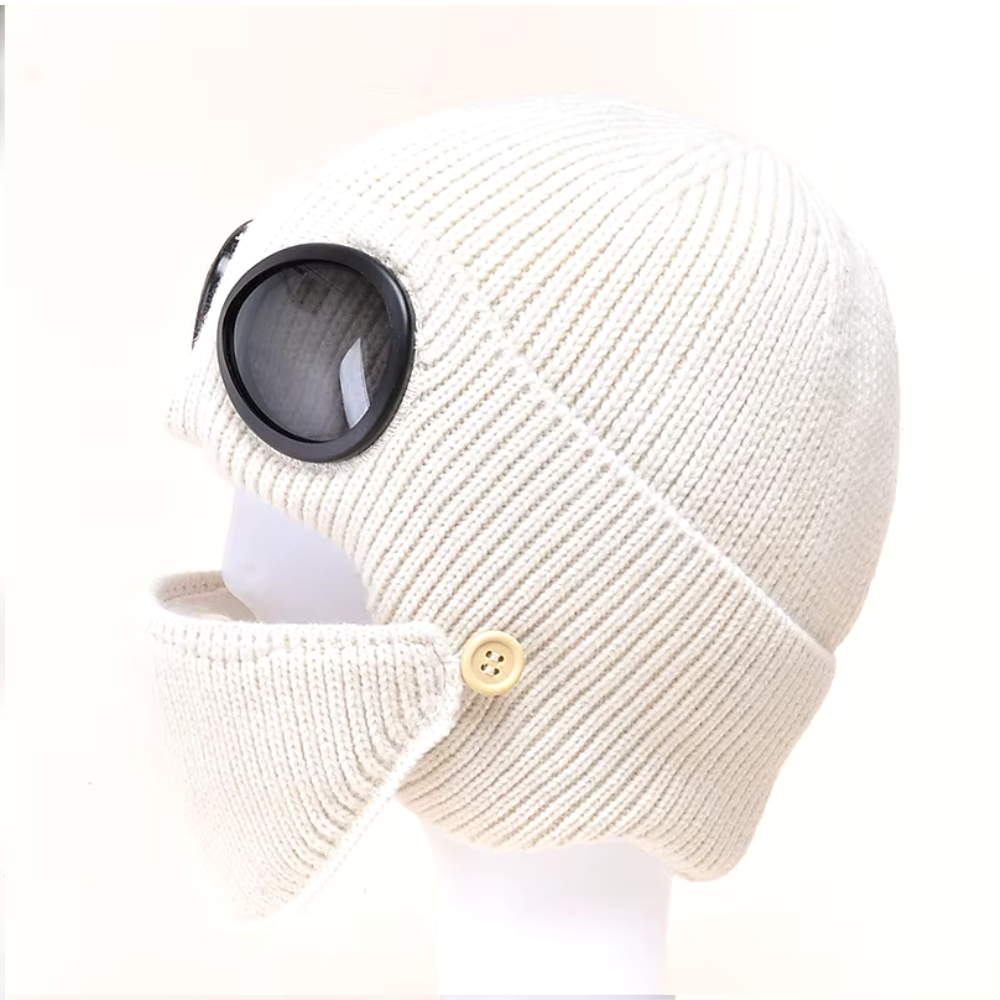 Unisex Knitted Woolen Aviator Hat with Glasses, Ear Protection, and Detachable Mask – Ideal for Autumn & Winter