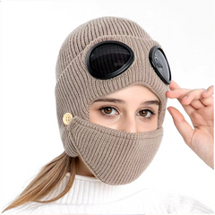 Unisex Knitted Woolen Aviator Hat with Glasses, Ear Protection, and Detachable Mask – Ideal for Autumn & Winter