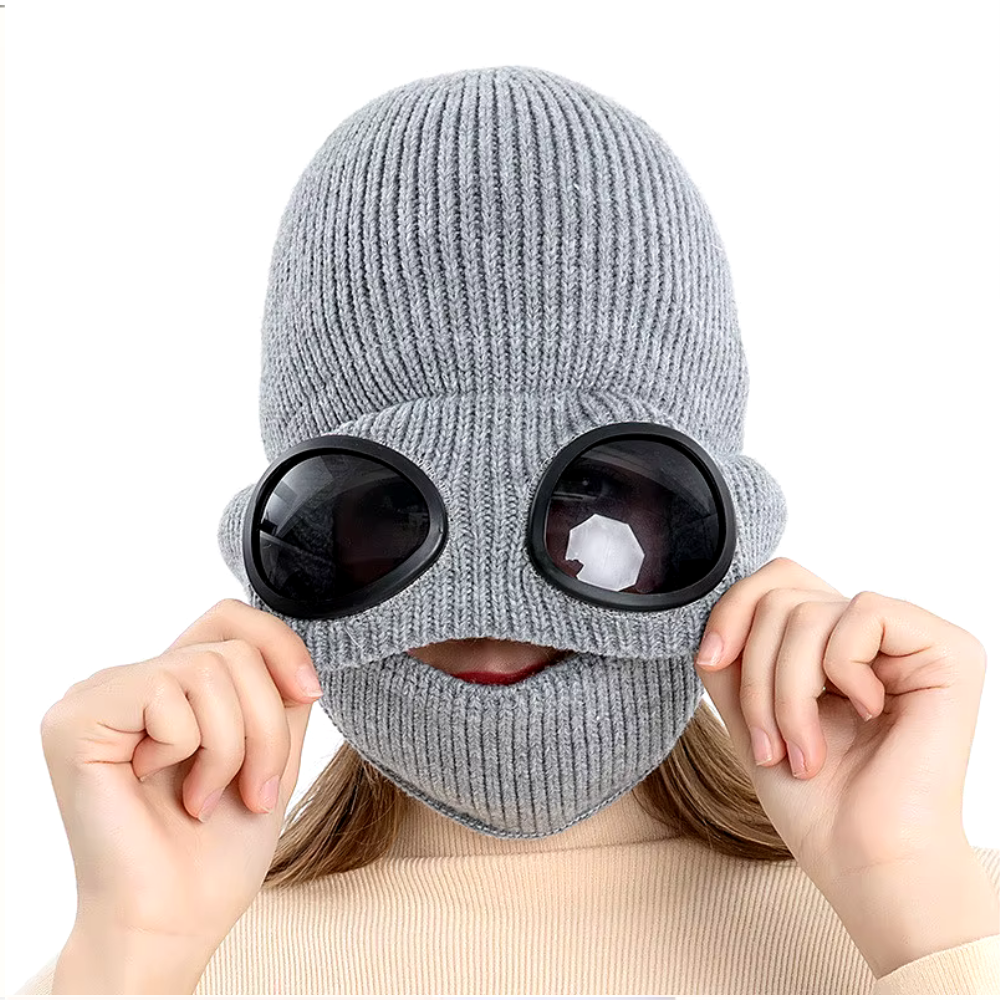 Unisex Knitted Woolen Aviator Hat with Glasses, Ear Protection, and Detachable Mask – Ideal for Autumn & Winter