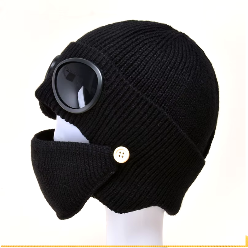 Unisex Knitted Woolen Aviator Hat with Glasses, Ear Protection, and Detachable Mask – Ideal for Autumn & Winter