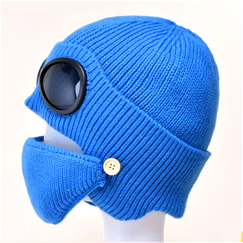 Unisex Knitted Woolen Aviator Hat with Glasses, Ear Protection, and Detachable Mask – Ideal for Autumn & Winter